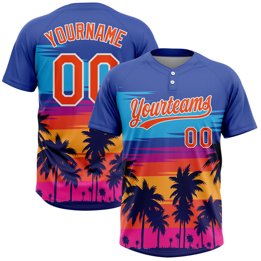 Maxcorners Custom Royal Orange-White Tropical Hawaii Palm Trees Two-Button Unisex Softball Jersey LM2605