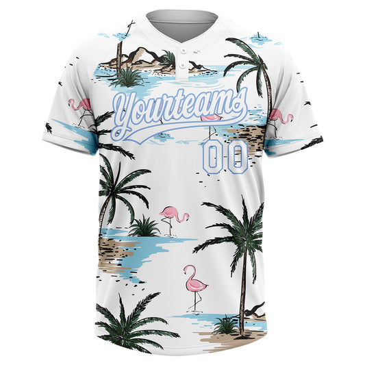 Maxcorners Custom White Light Blue Tropical Hawaii Palm Trees And Flamingo Two-Button Unisex Softball Jersey LM2605