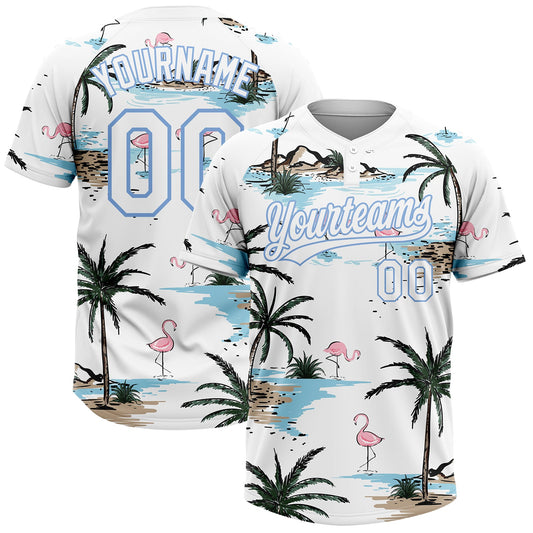 Maxcorners Custom White Light Blue Tropical Hawaii Palm Trees And Flamingo Two-Button Unisex Softball Jersey LM2605