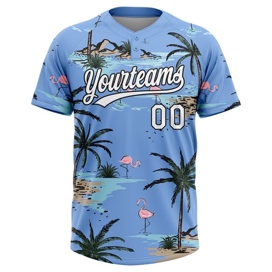 Maxcorners Custom Light Blue White-Black Tropical Hawaii Palm Trees And Flamingo Two-Button Unisex Softball Jersey LM2605