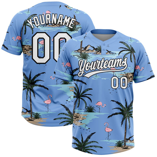Maxcorners Custom Light Blue White-Black Tropical Hawaii Palm Trees And Flamingo Two-Button Unisex Softball Jersey LM2605