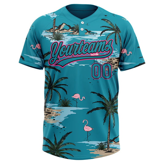 Maxcorners Custom Teal Black-Pink Tropical Hawaii Palm Trees And Flamingo Two-Button Unisex Softball Jersey LM2605