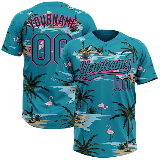 Maxcorners Custom Teal Black-Pink Tropical Hawaii Palm Trees And Flamingo Two-Button Unisex Softball Jersey LM2605