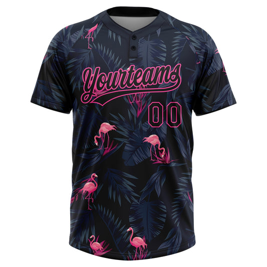 Maxcorners Custom Black Pink Tropical Hawaii Palm Leaves And Flamingo Two-Button Unisex Softball Jersey LM2605