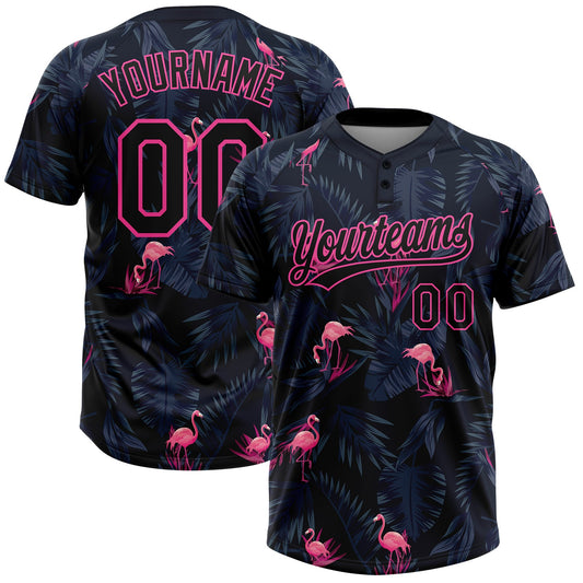 Maxcorners Custom Black Pink Tropical Hawaii Palm Leaves And Flamingo Two-Button Unisex Softball Jersey LM2605