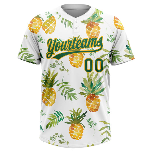 Maxcorners Custom White Kelly Green-Gold Hawaii Fruit Pineapples Two-Button Unisex Softball Jersey LM2605