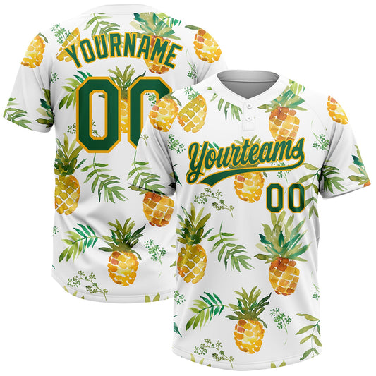 Maxcorners Custom White Kelly Green-Gold Hawaii Fruit Pineapples Two-Button Unisex Softball Jersey LM2605