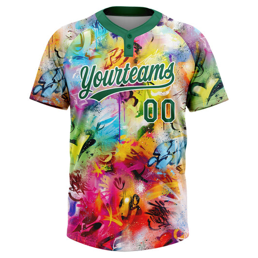 Maxcorners Custom Graffiti Pattern Kelly Green-White Vibrant Multi-Color Street Style Two-Button Unisex Softball Jersey LM2605