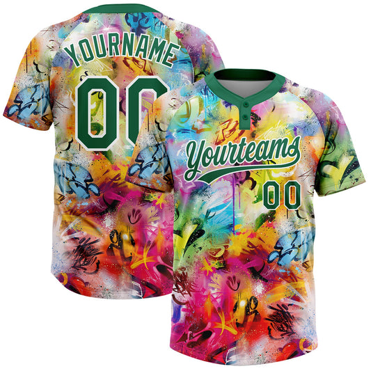 Maxcorners Custom Graffiti Pattern Kelly Green-White Vibrant Multi-Color Street Style Two-Button Unisex Softball Jersey LM2605
