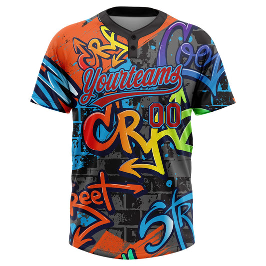Maxcorners Custom Graffiti Pattern Red Sky Blue-Navy Vibrant Multi-Color Street Style Two-Button Unisex Softball Jersey LM2605