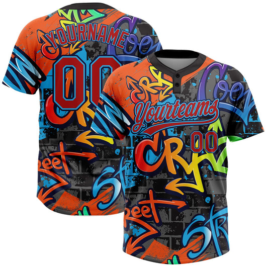 Maxcorners Custom Graffiti Pattern Red Sky Blue-Navy Vibrant Multi-Color Street Style Two-Button Unisex Softball Jersey LM2605