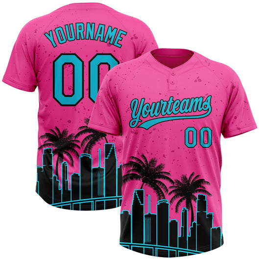 Maxcorners Custom Pink Lakes Blue-Black Miami Palm Trees City Edition Two-Button Unisex Softball Jersey LM2605