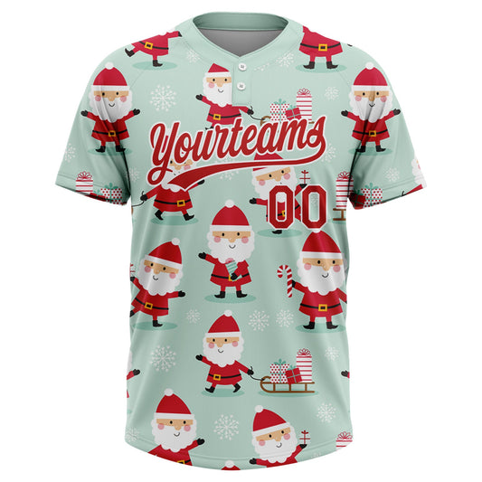 Maxcorners Custom Green Red-White Christmas Santa Claus 3D Pattern Design Two-Button Unisex Softball Jersey LM2605