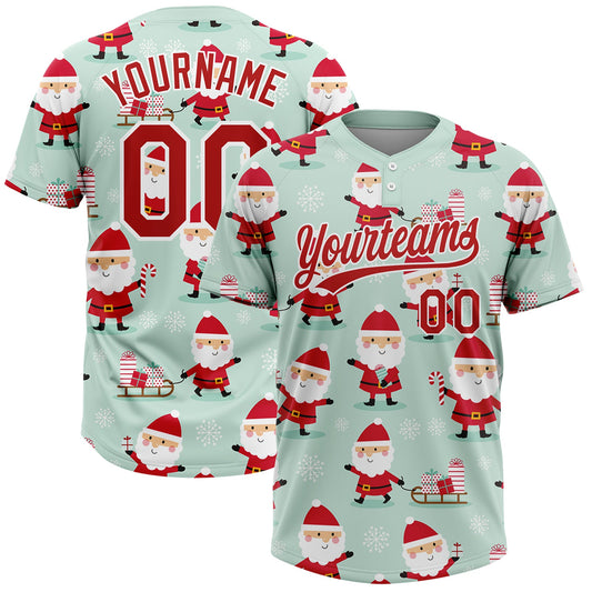 Maxcorners Custom Green Red-White Christmas Santa Claus 3D Pattern Design Two-Button Unisex Softball Jersey LM2605