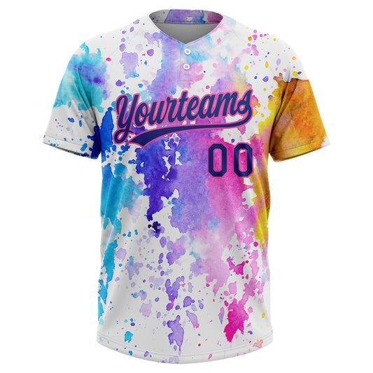 Maxcorners Custom White Royal-Pink Watercolor Spalsh Two-Button Unisex Softball Jersey LM2605