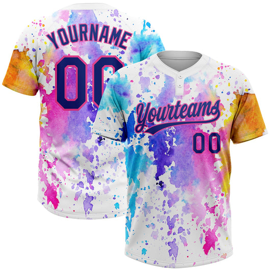 Maxcorners Custom White Royal-Pink Watercolor Spalsh Two-Button Unisex Softball Jersey LM2605