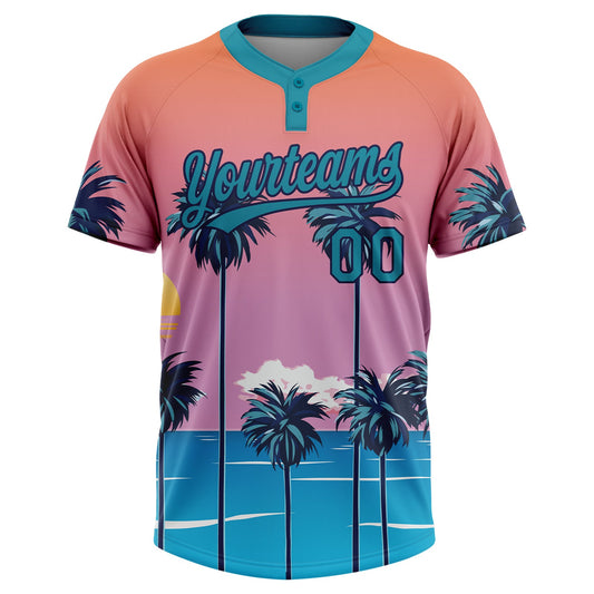 Maxcorners Custom Orange Teal-Navy Sun Beach Hawaii Palm Trees Two-Button Unisex Softball Jersey LM2605