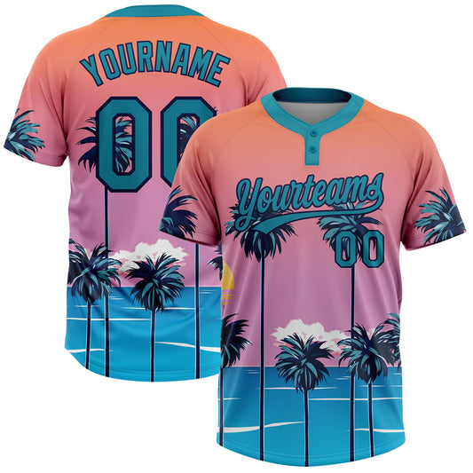 Maxcorners Custom Orange Teal-Navy Sun Beach Hawaii Palm Trees Two-Button Unisex Softball Jersey LM2605