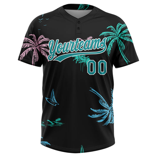 Maxcorners Custom Black Teal-White Hawaii Palm Trees Two-Button Unisex Softball Jersey LM2605