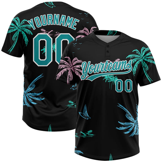 Maxcorners Custom Black Teal-White Hawaii Palm Trees Two-Button Unisex Softball Jersey LM2605