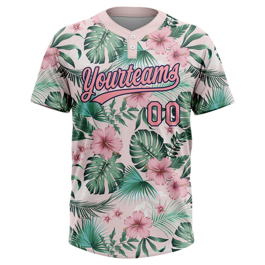 Maxcorners Custom White Medium Pink-Navy Hawaii Palm Leaves And Flowers Two-Button Unisex Softball Jersey LM2605