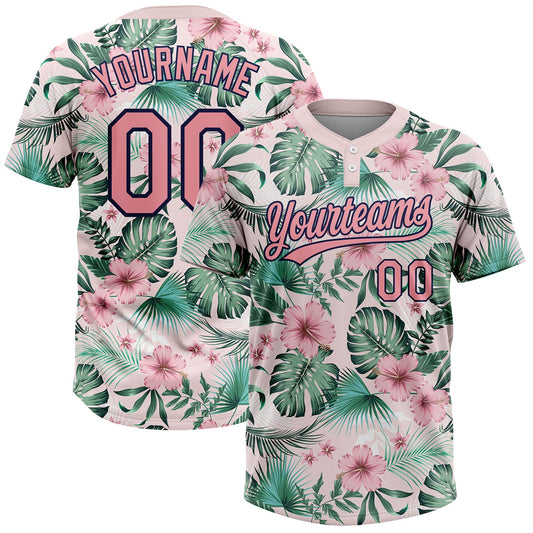 Maxcorners Custom White Medium Pink-Navy Hawaii Palm Leaves And Flowers Two-Button Unisex Softball Jersey LM2605