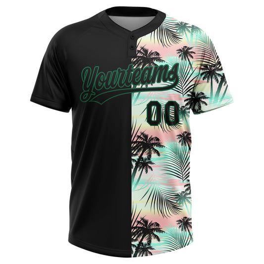 Maxcorners Custom Black Kelly Green Tropical Palm Leaves Two-Button Unisex Softball Jersey LM2605