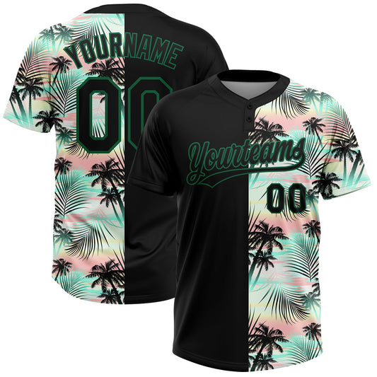 Maxcorners Custom Black Kelly Green Tropical Palm Leaves Two-Button Unisex Softball Jersey LM2605