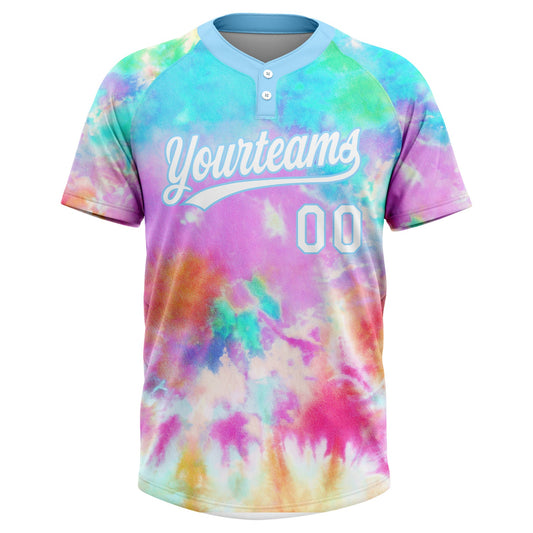 Maxcorners Custom Tie Dye White-Light Blue Rainbow Two-Button Unisex Softball Jersey LM2605