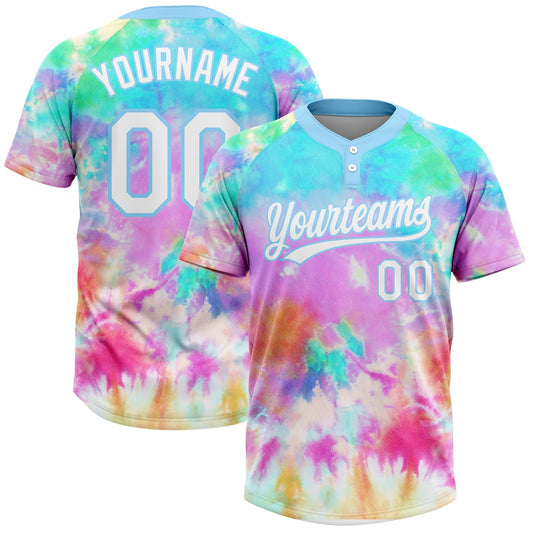 Maxcorners Custom Tie Dye White-Light Blue Rainbow Two-Button Unisex Softball Jersey LM2605