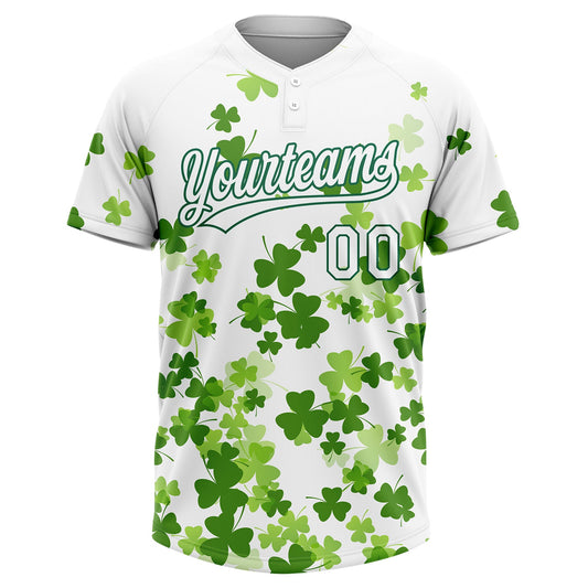 Maxcorners Custom White Kelly Green St.Patrick's Day Shamrock 3D Pattern Design Two-Button Unisex Softball Jersey LM2605
