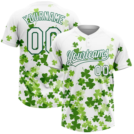 Maxcorners Custom White Kelly Green St.Patrick's Day Shamrock 3D Pattern Design Two-Button Unisex Softball Jersey LM2605