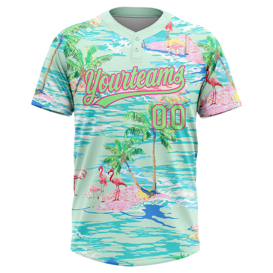 Maxcorners Custom Lakes Blue Pea Green-Pink Beach Hawaii Palm Trees And Flamingo Two-Button Unisex Softball Jersey LM2605