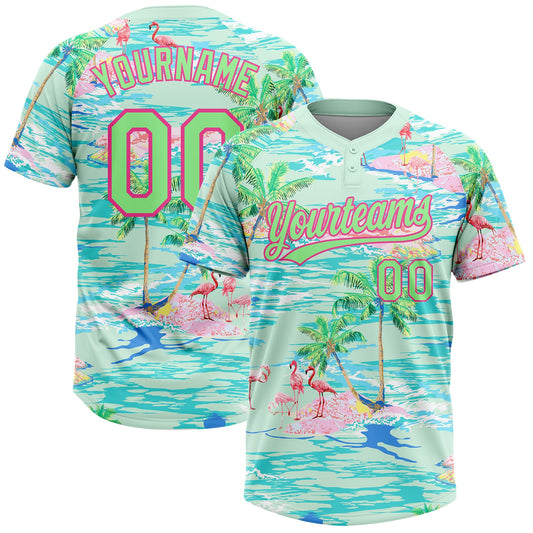 Maxcorners Custom Lakes Blue Pea Green-Pink Beach Hawaii Palm Trees And Flamingo Two-Button Unisex Softball Jersey LM2605