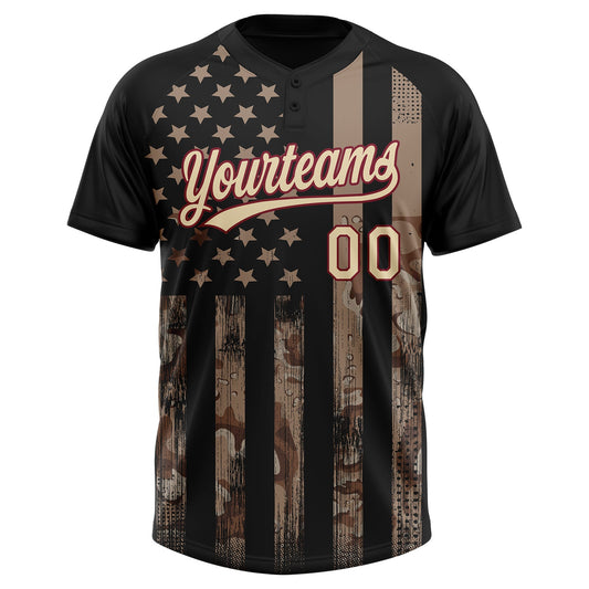 Maxcorners Custom Camo Cream Black-Crimson American Flag Salute To Service Two-Button Unisex Softball Jersey LM2605