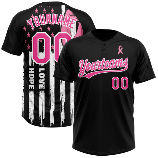Maxcorners Custom Black Pink-White American Flag With Pink Ribbon Breast Cancer Awareness Month Women Health Care Support Two-Button Unisex Softball Jersey LM2605