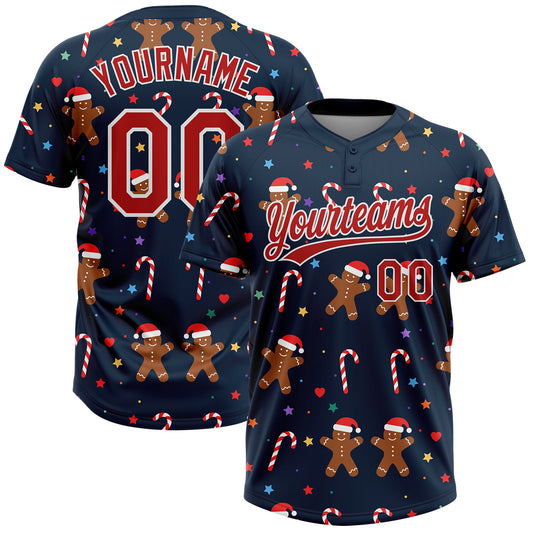 Maxcorners Custom Navy Red-White Christmas 3D Pattern Design Two-Button Unisex Softball Jersey LM2605
