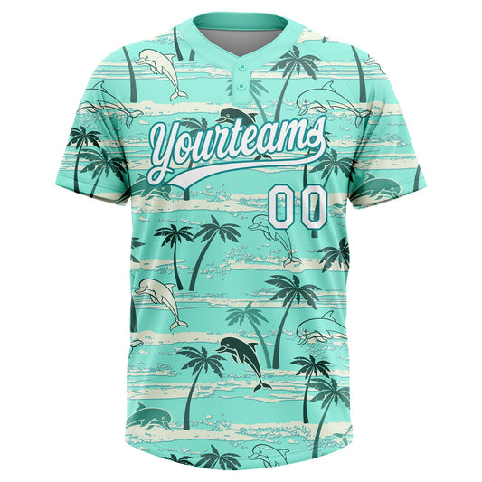 Maxcorners Custom Teal White Hawaii Palm Trees And Dolphin Two-Button Unisex Softball Jersey LM2605