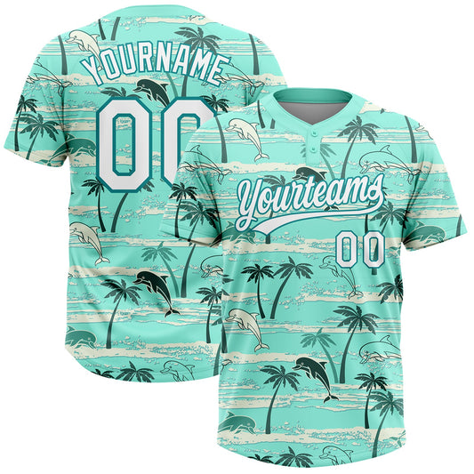 Maxcorners Custom Teal White Hawaii Palm Trees And Dolphin Two-Button Unisex Softball Jersey LM2605