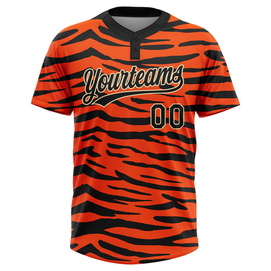 Maxcorners Custom Orange Black-Cream Tiger Print 3D Pattern Design Two-Button Unisex Softball Jersey LM2605