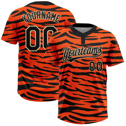 Maxcorners Custom Orange Black-Cream Tiger Print 3D Pattern Design Two-Button Unisex Softball Jersey LM2605