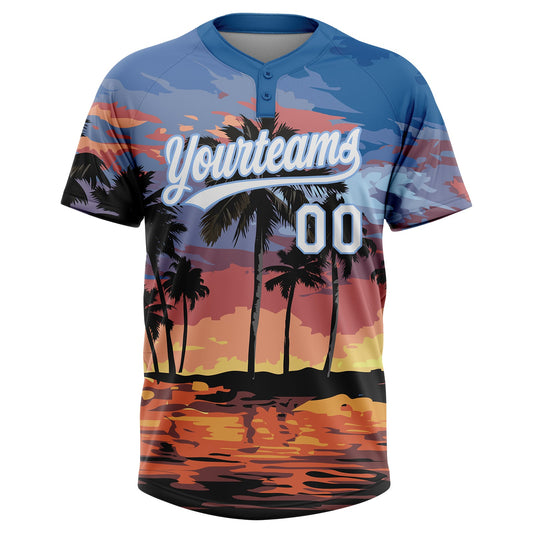 Maxcorners Custom Light Blue White Hawaii Palm Trees Two-Button Unisex Softball Jersey LM2605