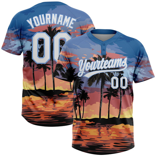 Maxcorners Custom Light Blue White Hawaii Palm Trees Two-Button Unisex Softball Jersey LM2605