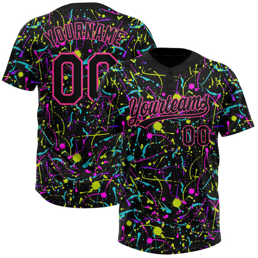 Maxcorners Custom Graffiti Pattern Black-Pink Vibrant Multi-Color Abstract Splatter Two-Button Unisex Softball Jersey LM2605
