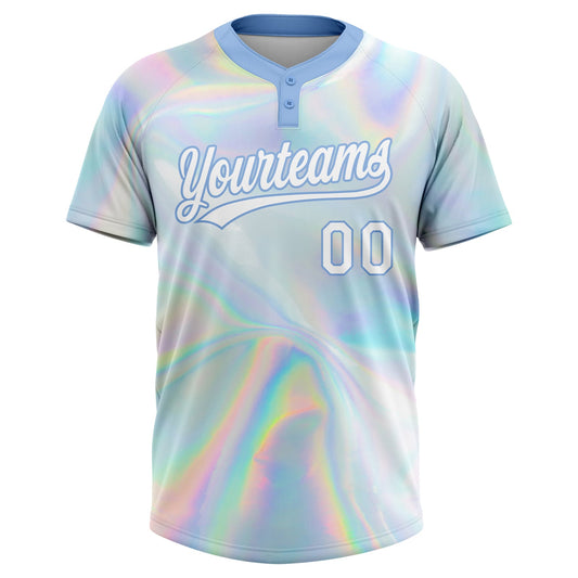 Maxcorners Custom White Light Blue Abstract Trendy Holographic Vaporwave Style 3D Pattern Design Two-Button Unisex Softball Jersey LM2605