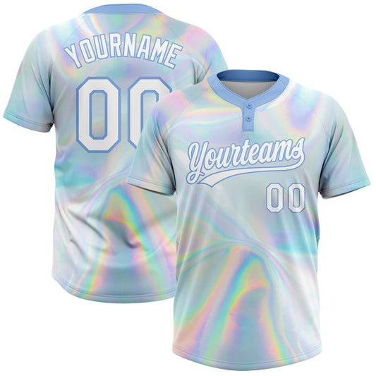 Maxcorners Custom White Light Blue Abstract Trendy Holographic Vaporwave Style 3D Pattern Design Two-Button Unisex Softball Jersey LM2605