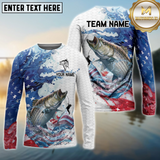 Maxcorners Striped Bass Fishing Patriotic American Flag Wave White Skin Custom Name & Team Name 3D Shirts TU1807