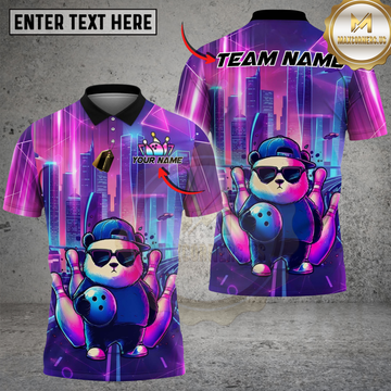 Maxcorners Bowling Cool Swag Panda Synthwave Retro Cyberpunk Cityscape Multi Options Personalized Name, Team Name Unisex 3D Shirt (4 Colors)