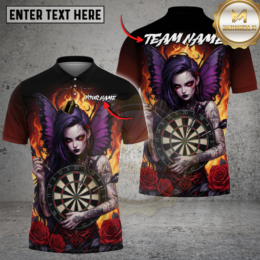 Maxcorners Dartboard Dark Gothic Fairy Girl Purple Wings Red Roses Multi Options Personalized Name, Team Name Unisex 3D Shirt (3 Colors)