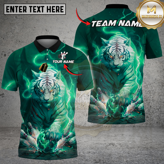 Maxcorners Bowling White Tiger Blue Lightning Storm Tiger Claw Gripping Ball Multi Options Personalized Name, Team Name Unisex 3D Shirt (4 Colors)